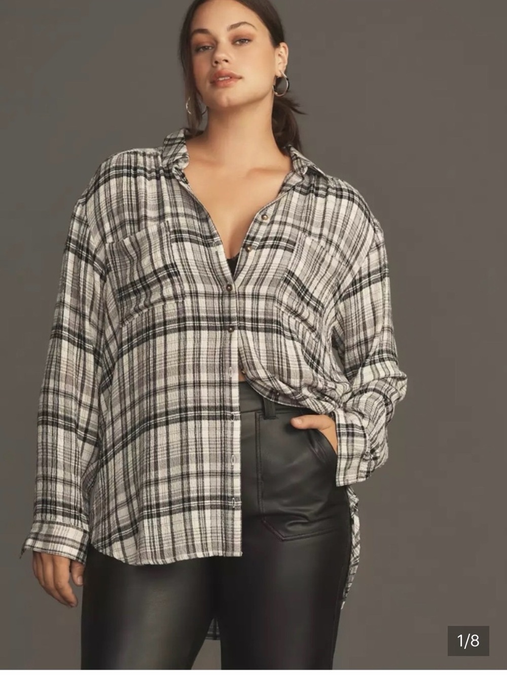Pilcro by Anthropology Black White Plaid Button Down Layering Shirt M Oversized